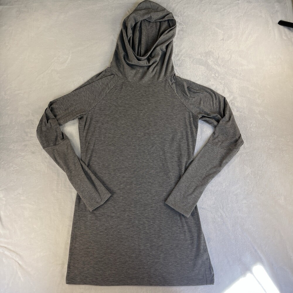 Athleta Essence Hooded Tunic Gray Heather Cowl Neck Long Sleeve Top Thumbholes S